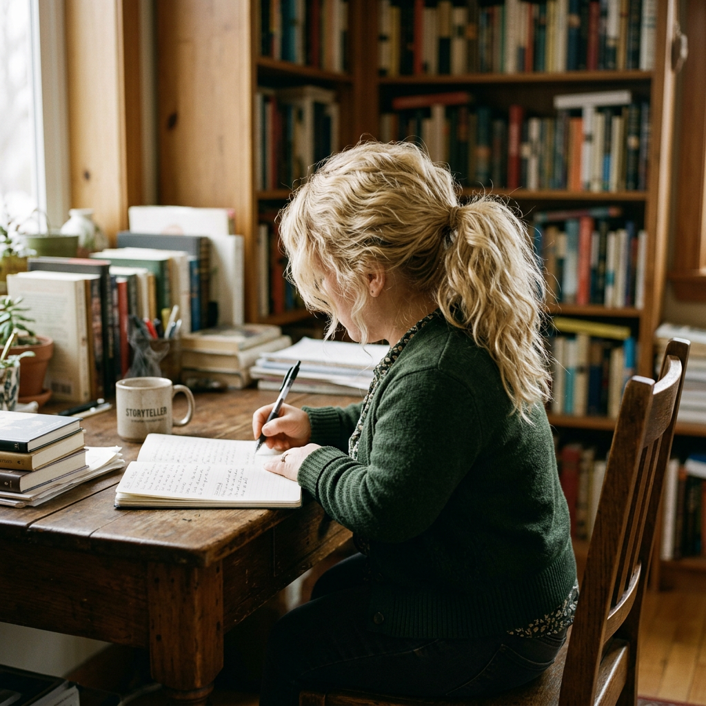 Woman writing in a journal at a wooden desk surrounded by books