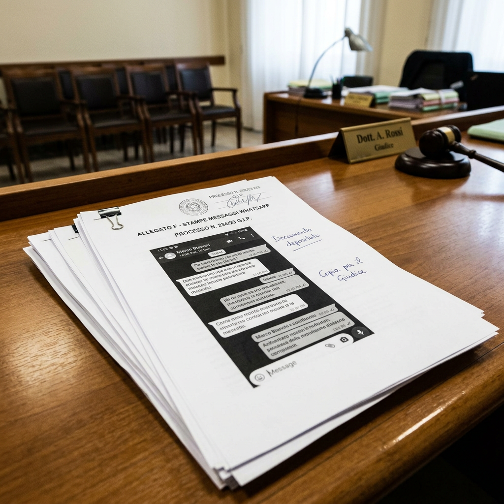 Court file titled Allegato F with printed WhatsApp messages beside a gavel