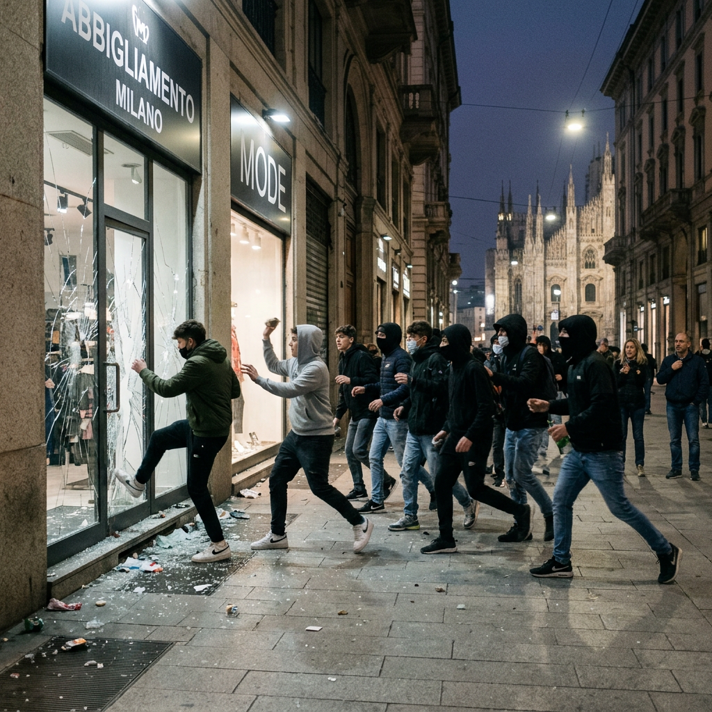 Masked group beside shattered storefront reading ABBIGLIAMENTO MILANO and MODE