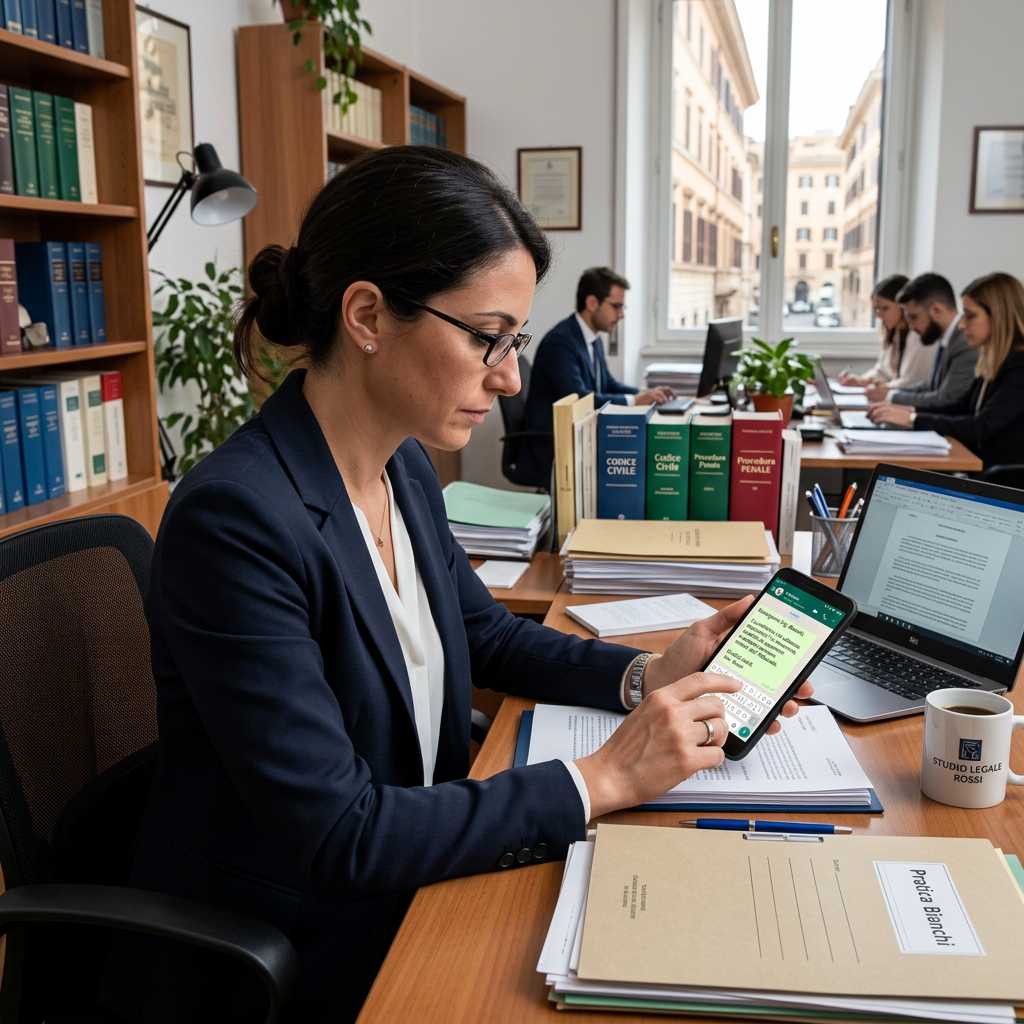 Lawyer reviewing legal documents while using a smartphone beside a laptop