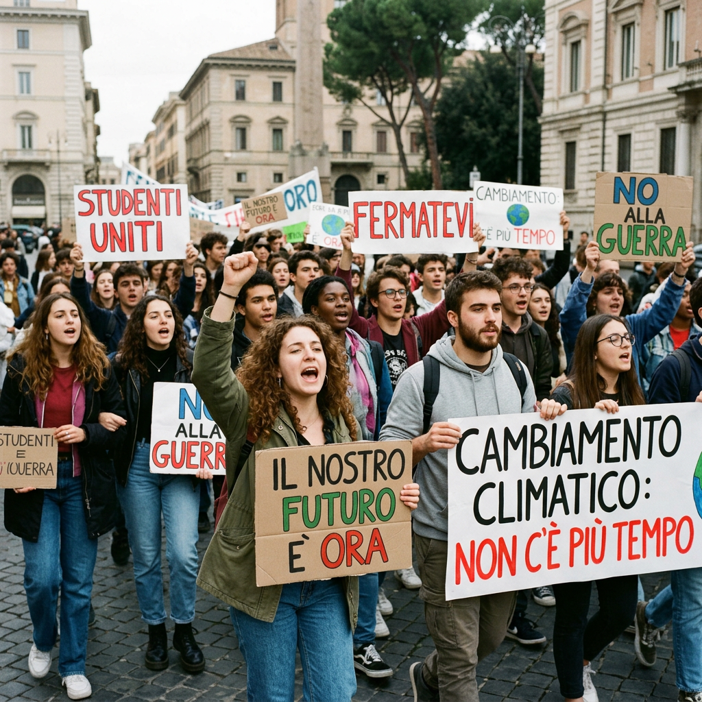 Italian students marching with signs demanding climate action and peace