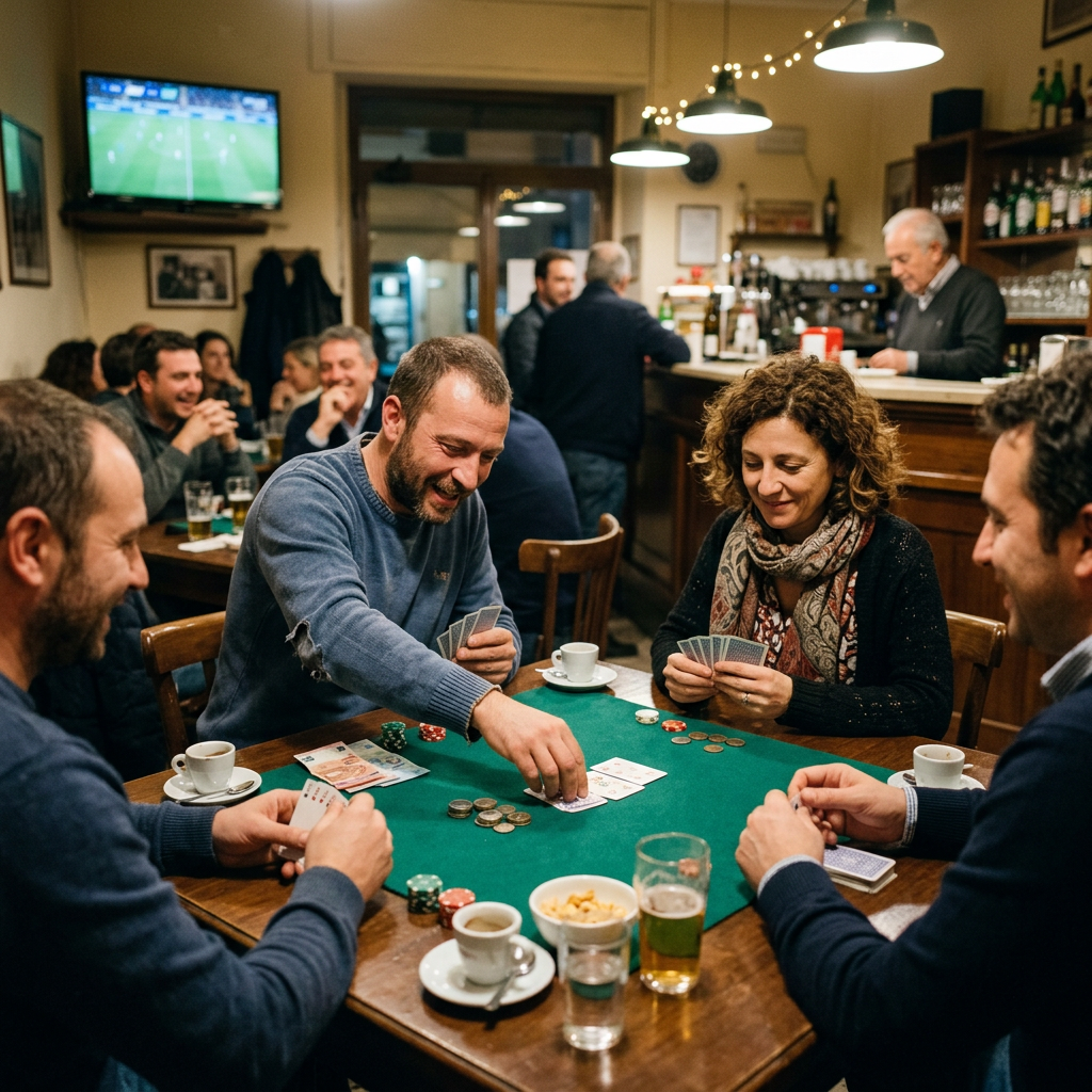 Four friends playing cards around a green table in a busy pub