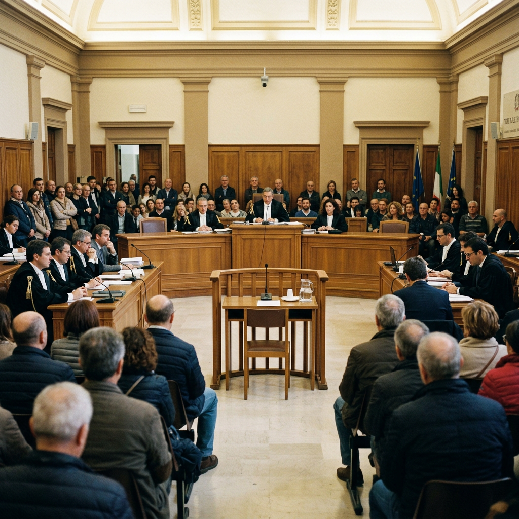 Court hearing with attorneys, officials, and audience in a wood-paneled chamber