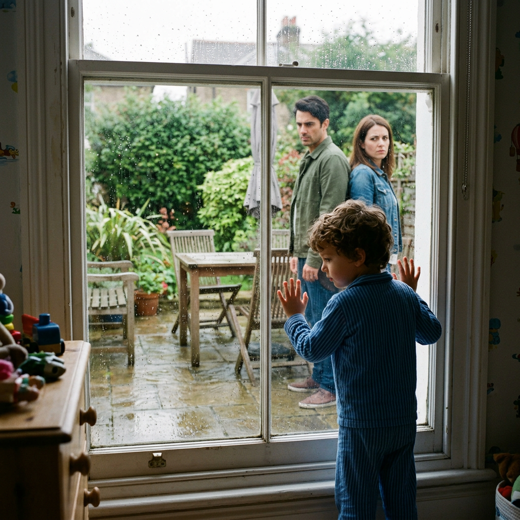 Child touching a glass door while two adults stand outside in rain
