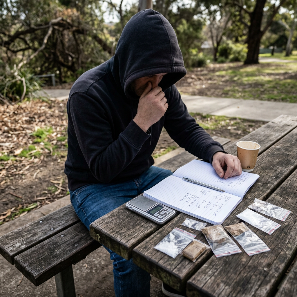 Hooded person examining notes beside a scale and baggies