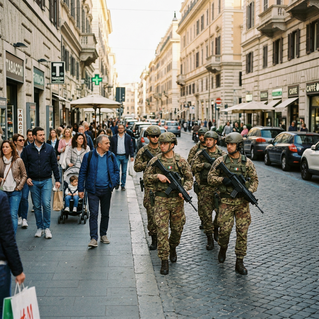 Four armed soldiers patrol a crowded European city street