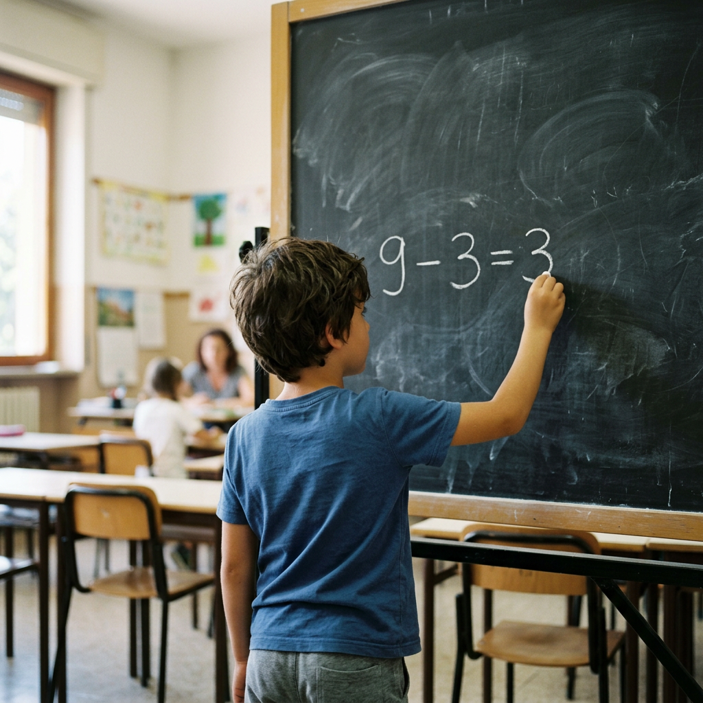 Student writing 9−3=3 on a classroom chalkboard