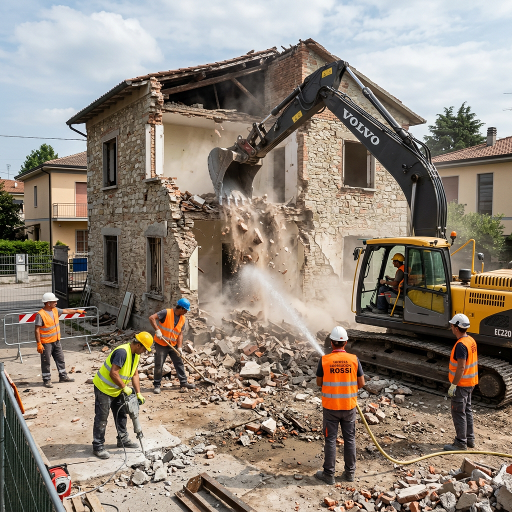Workers demolish a stone house with an excavator amid dust and rubble