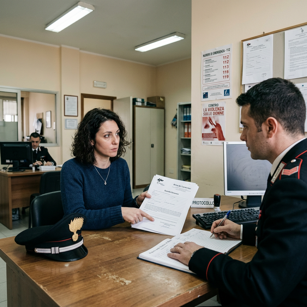 Woman presents paperwork to an Italian police officer at a station counter