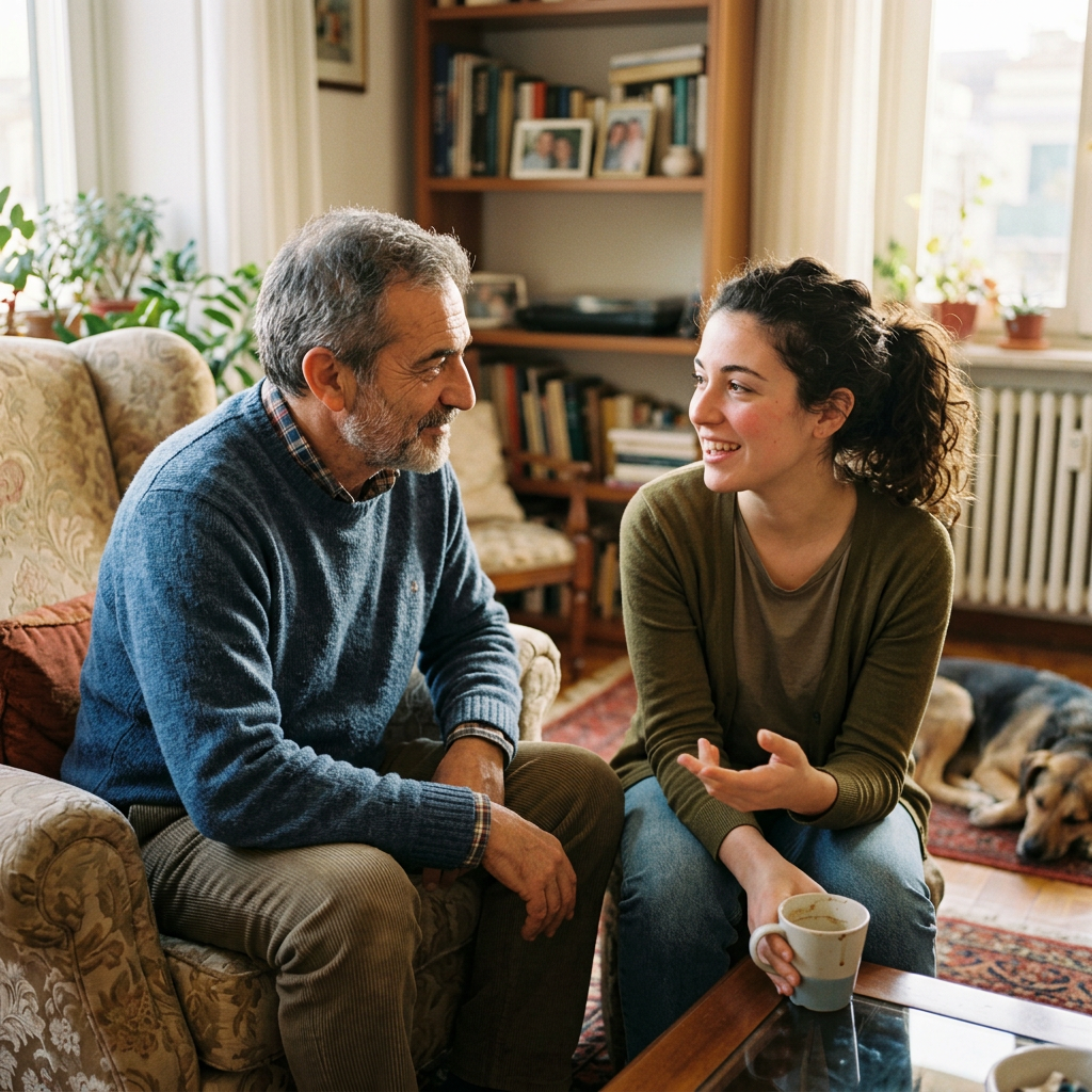 Young woman and older man talking together in a cozy living room