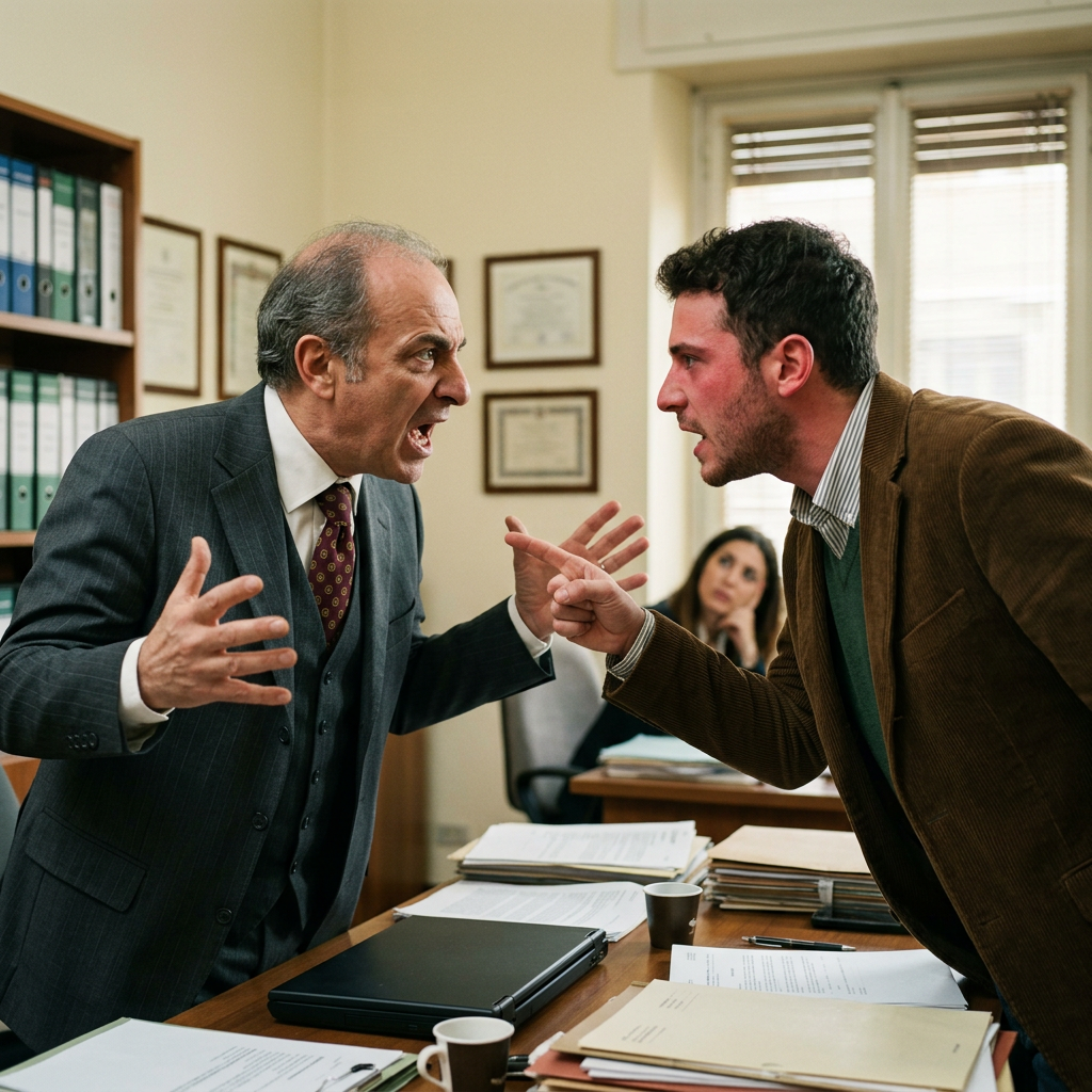 Two professionals arguing across a paperwork-covered office table