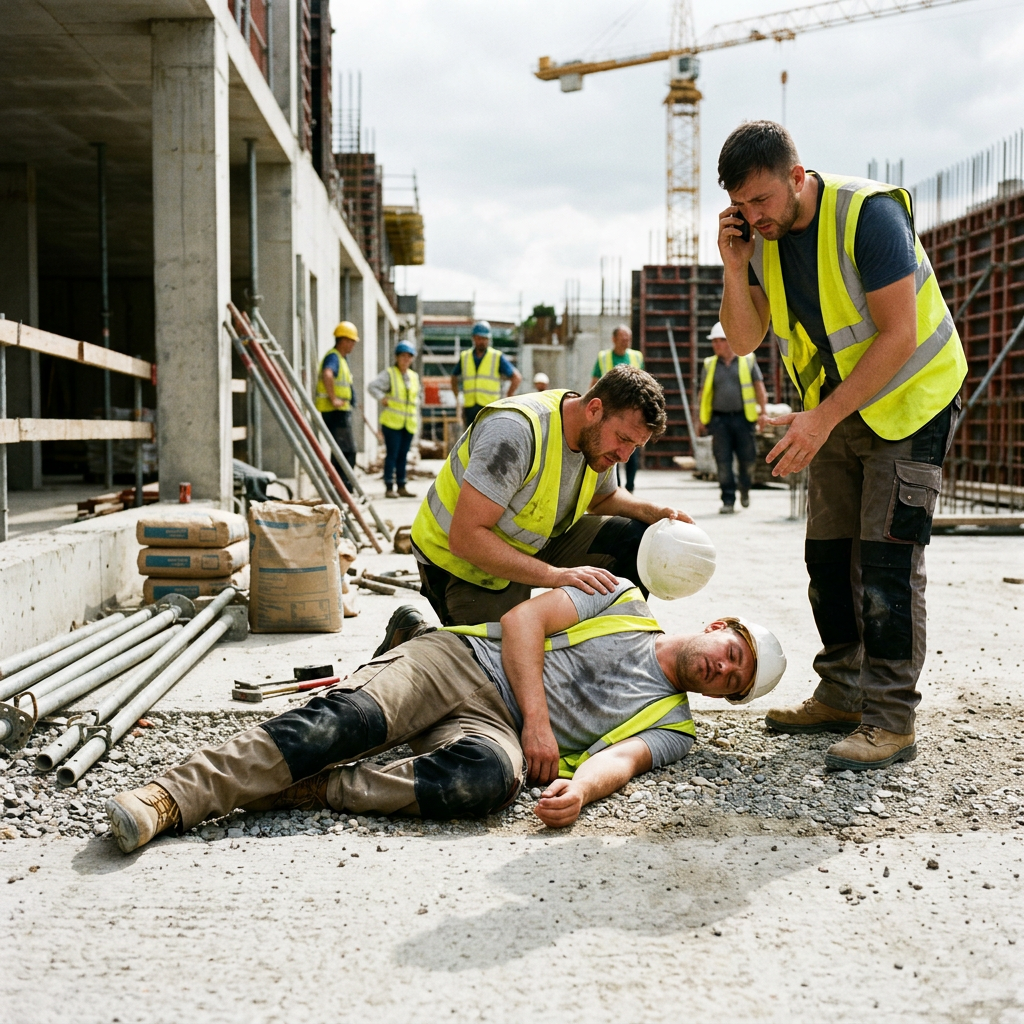Construction workers assisting an injured colleague while another calls for help