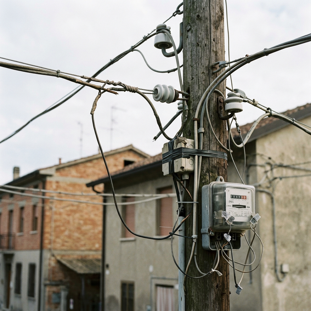 Weathered wooden utility pole with tangled wires and electric meter
