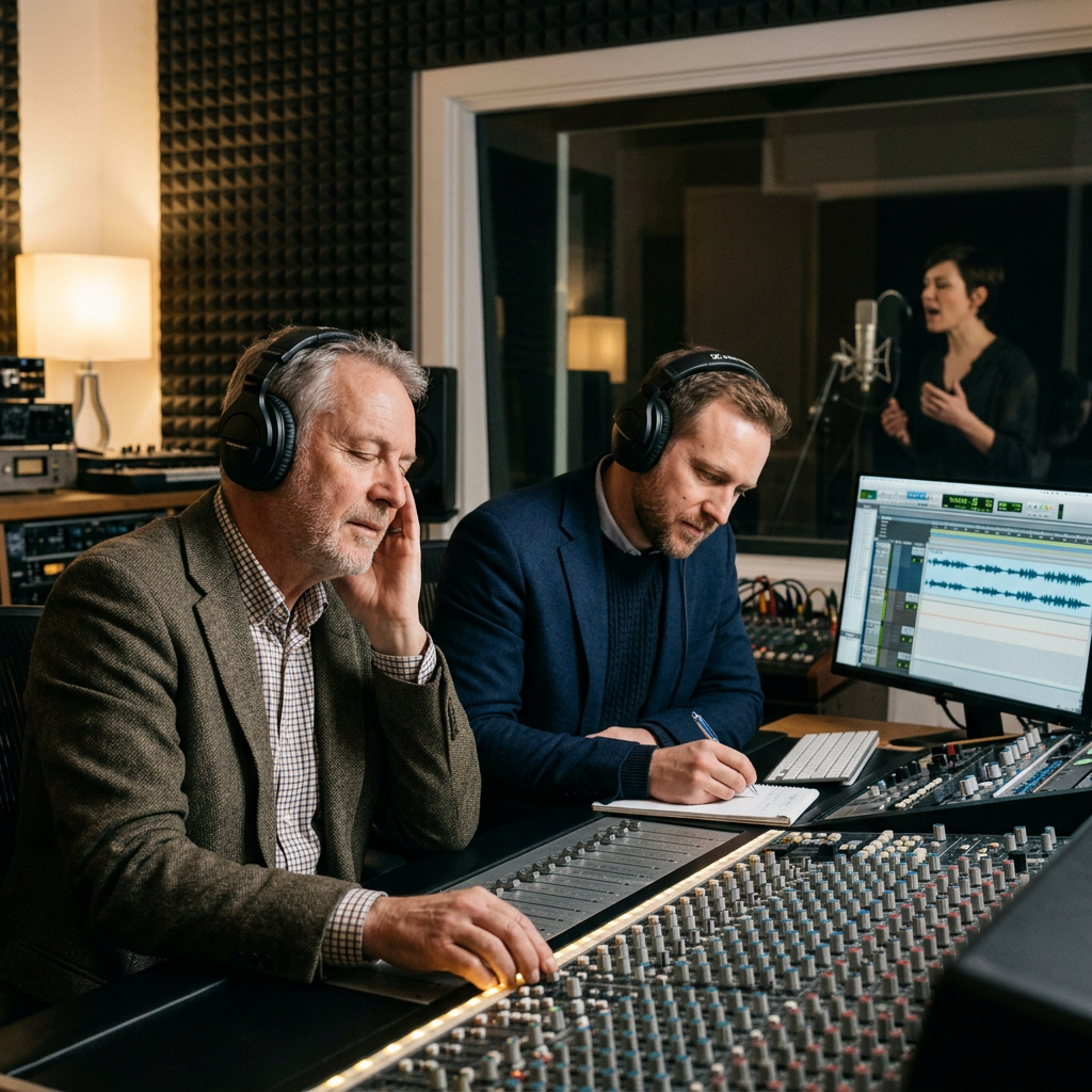 Two sound engineers work at a mixing console while a vocalist records behind glass.