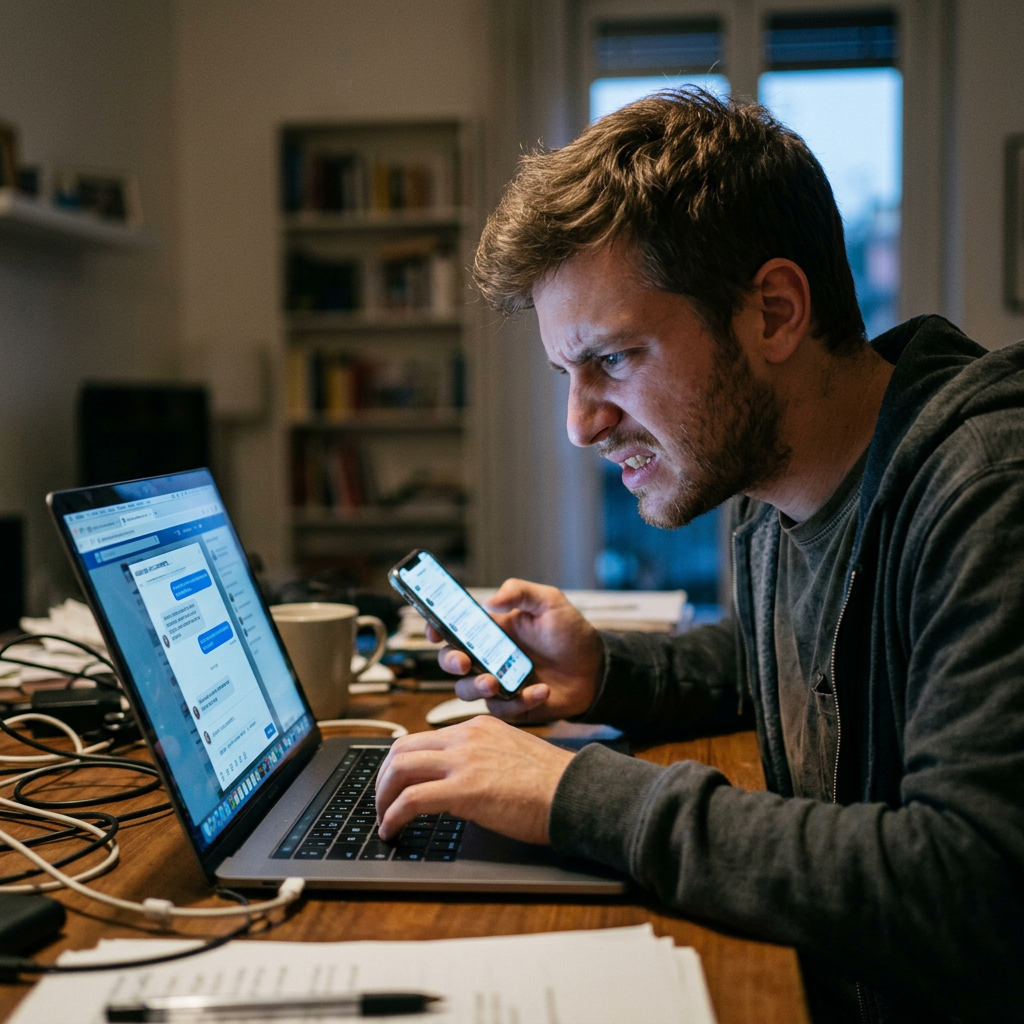 Frustrated man using a laptop and checking messages on his smartphone