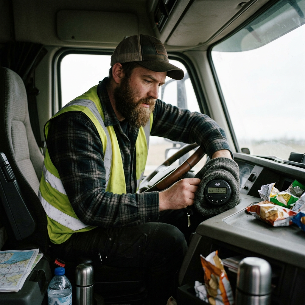 Bearded road worker in a safety vest checking controls inside a truck