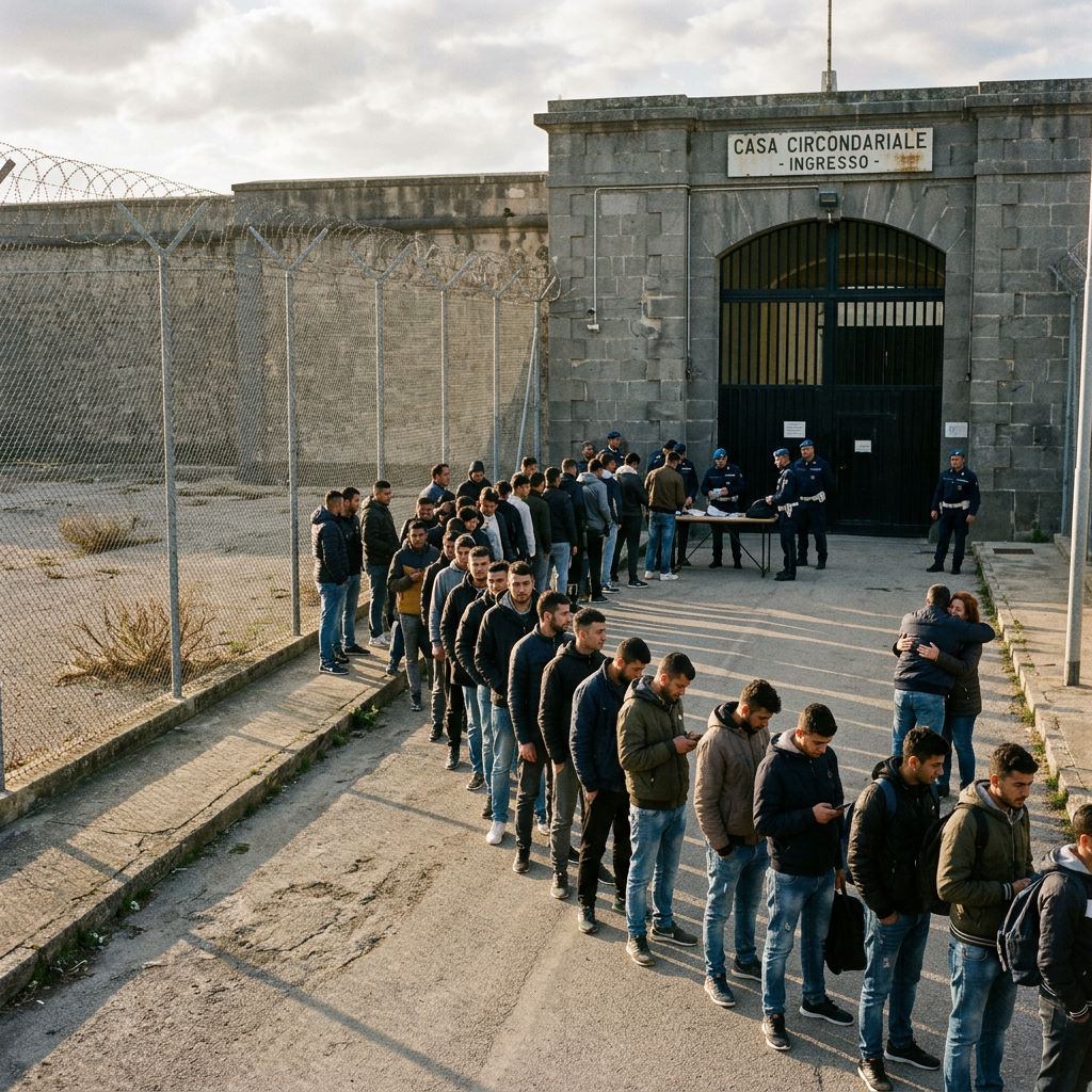People queue outside a prison marked "CASA CIRCONDARIALE - INGRESSO -"