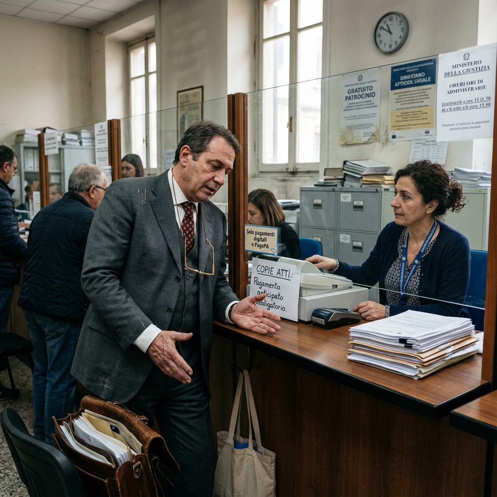 Man speaking with clerk at Italian justice office counter with payment notices