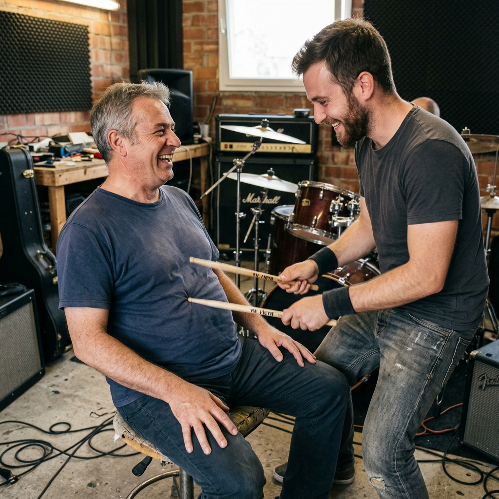 Two men practicing drumming with sticks in a rehearsal studio