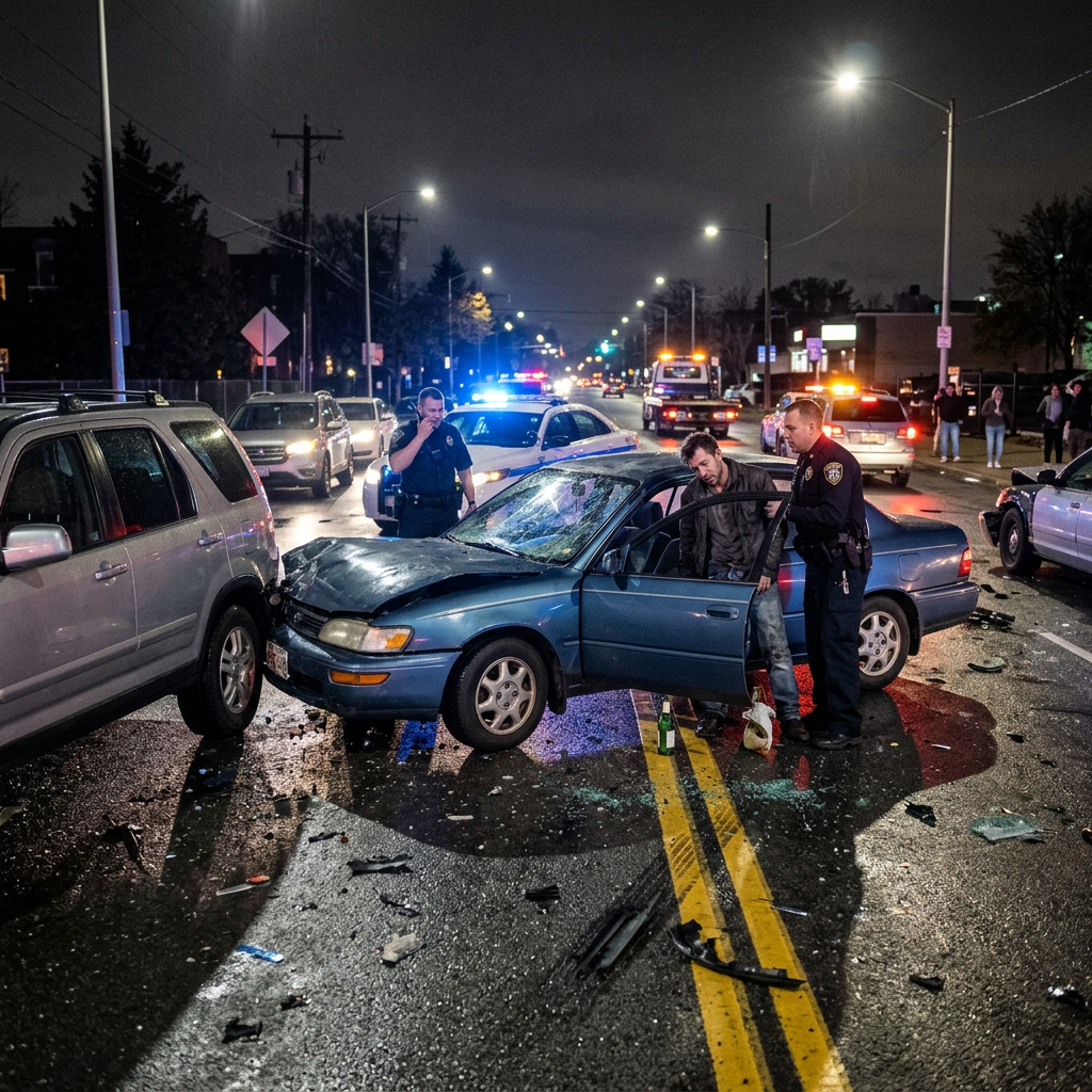 Police officers assist a driver beside a damaged car after a nighttime collision