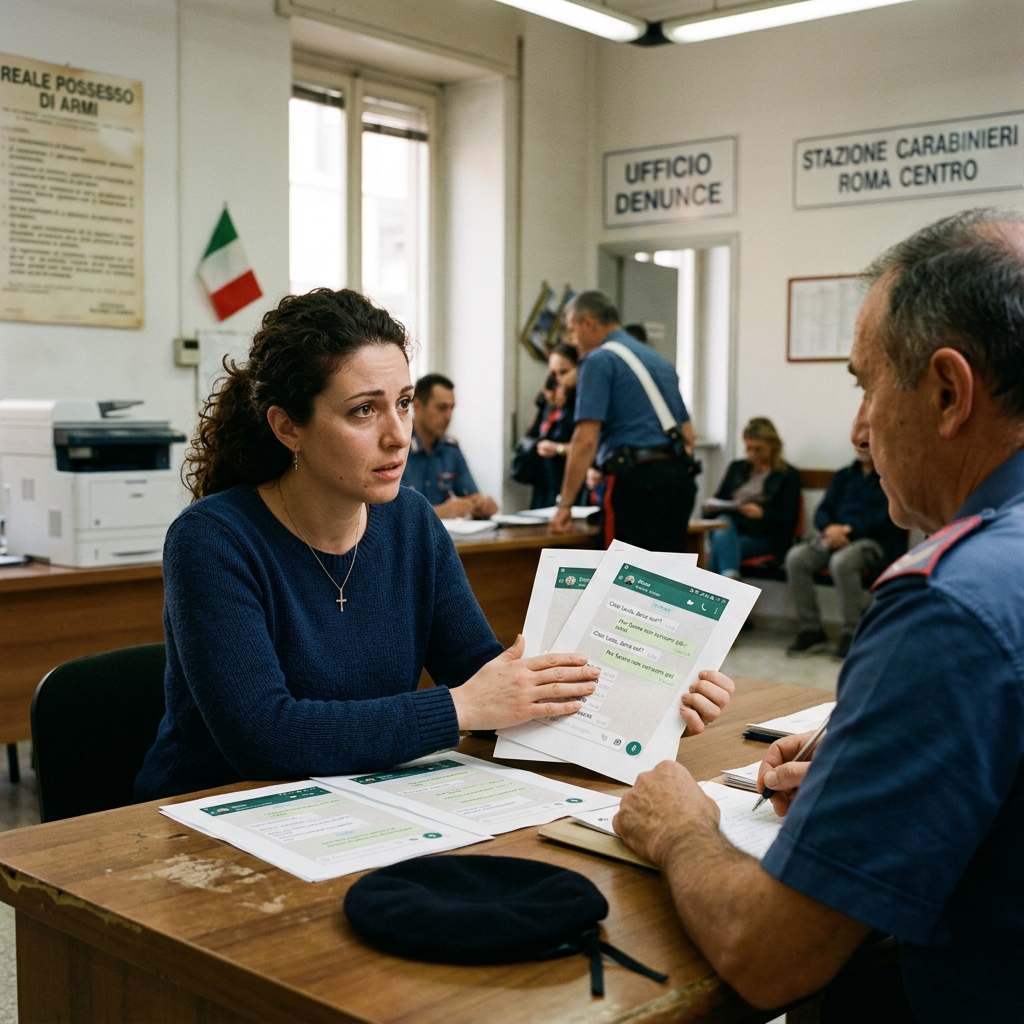 Woman presenting documents to a Carabinieri officer at a police station