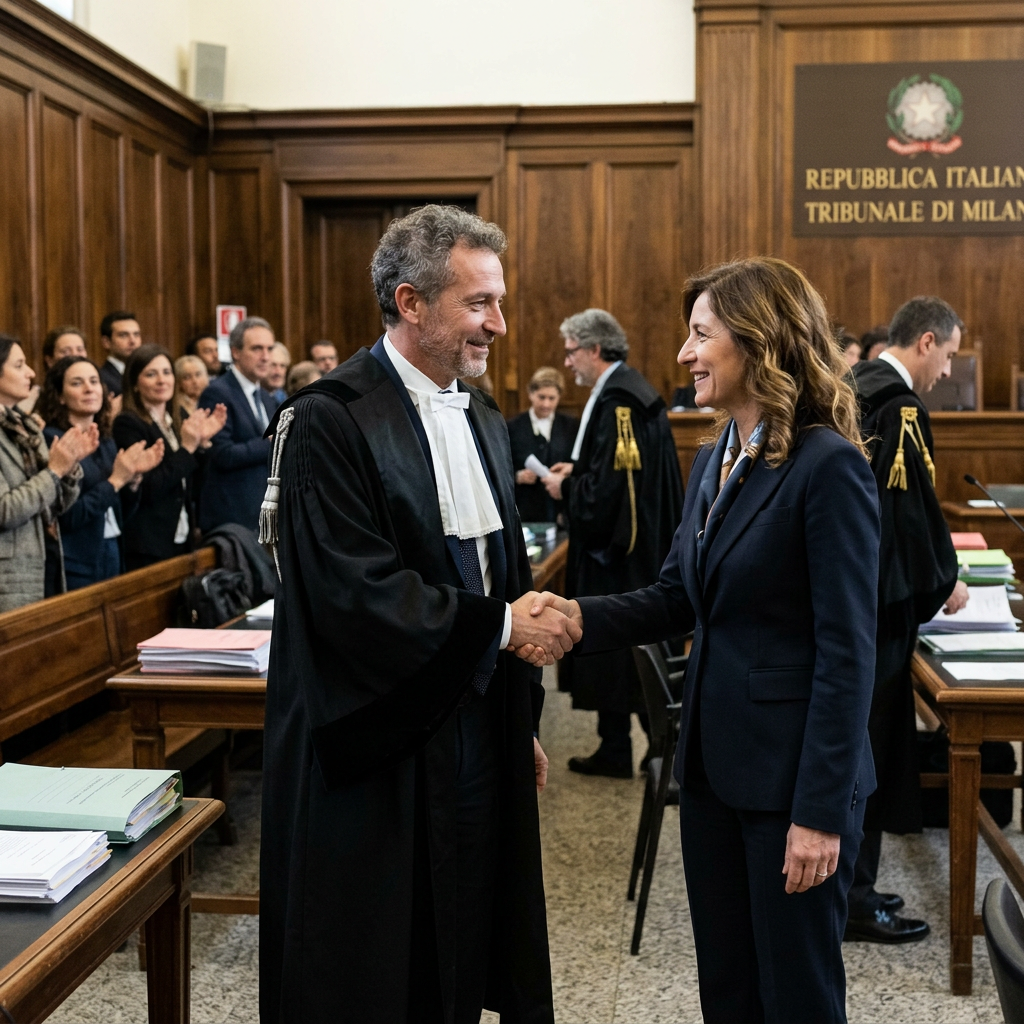 Lawyer and woman shake hands in court; “Repubblica Italiana Tribunale di Milano.”