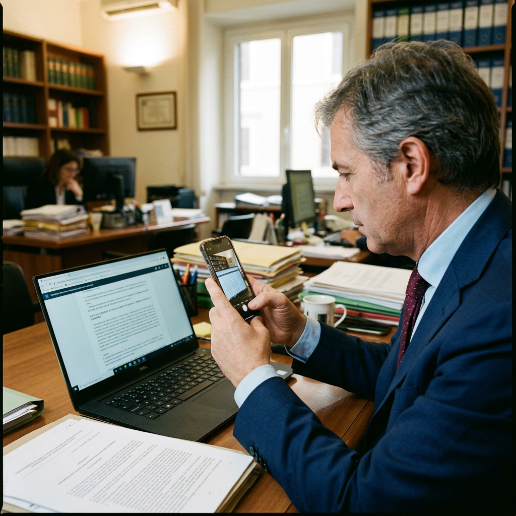 Professional reviewing documents on a laptop and smartphone in an office