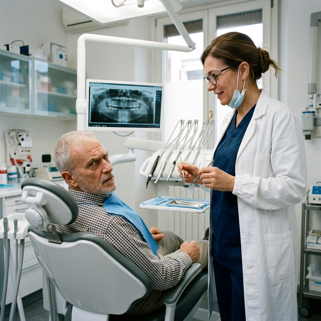 Dentist discussing treatment with an older patient beside a dental X-ray
