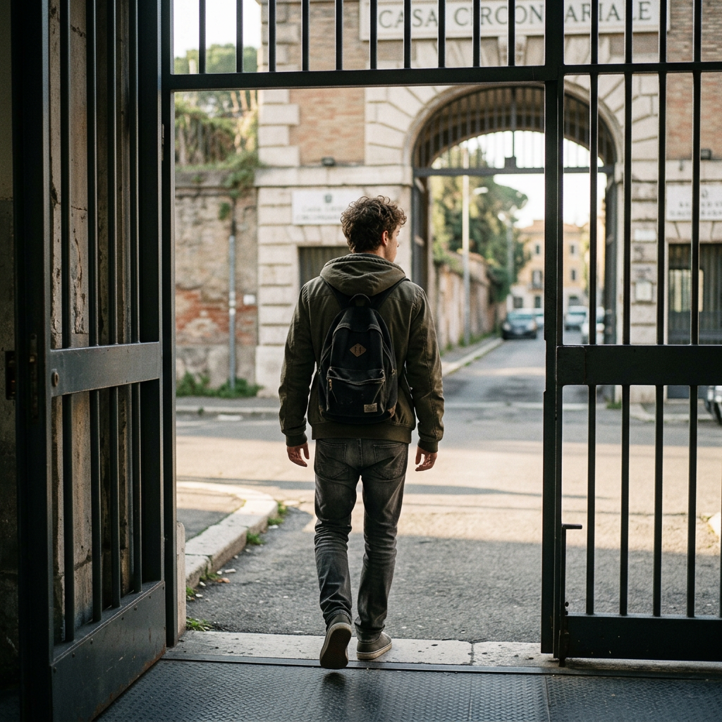 Traveler with backpack walking through a gate toward a historic Italian street