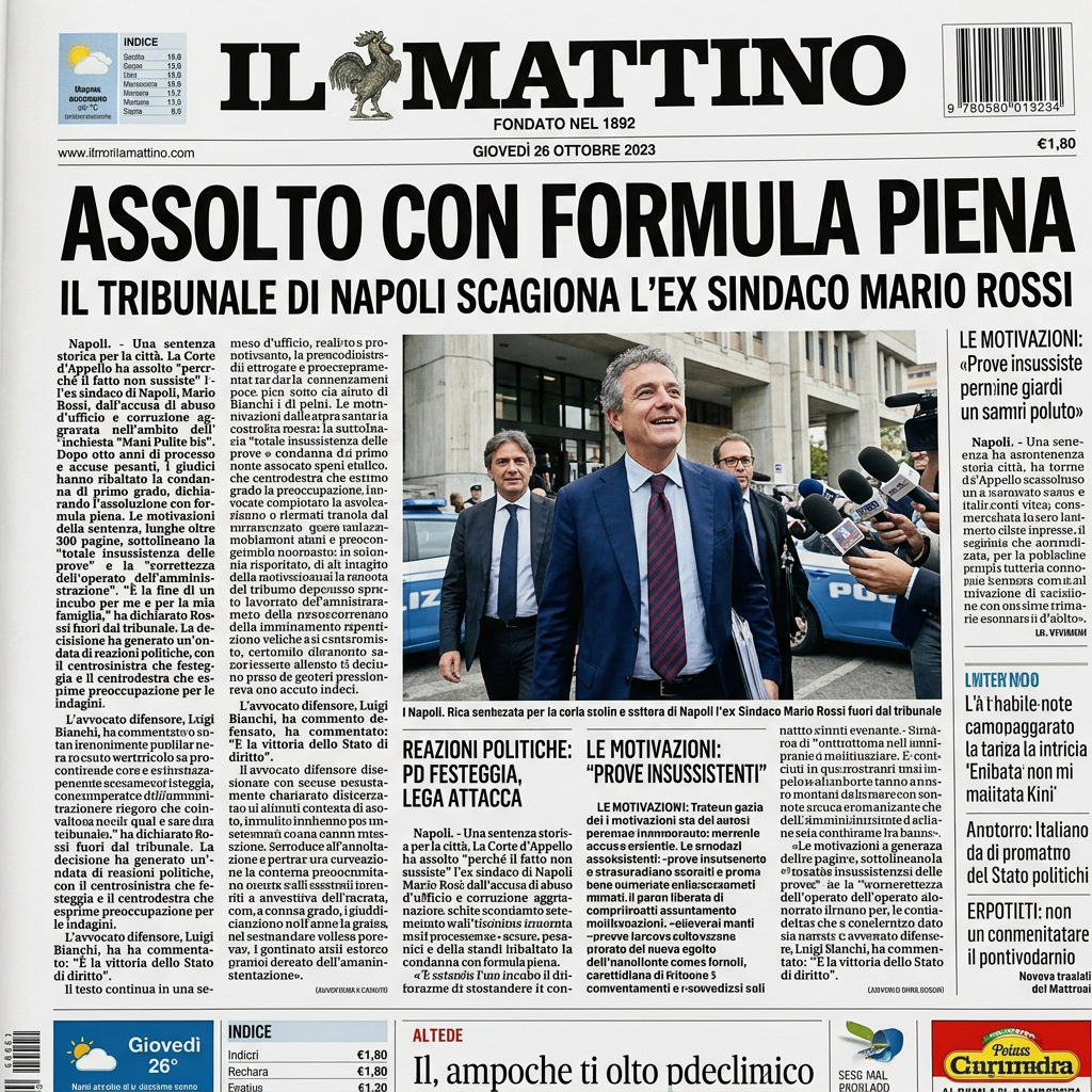 Il Mattino front page: “Assolto con formula piena” and “Il tribunale di Napoli scagiona l’ex sindaco Mario Rossi.”