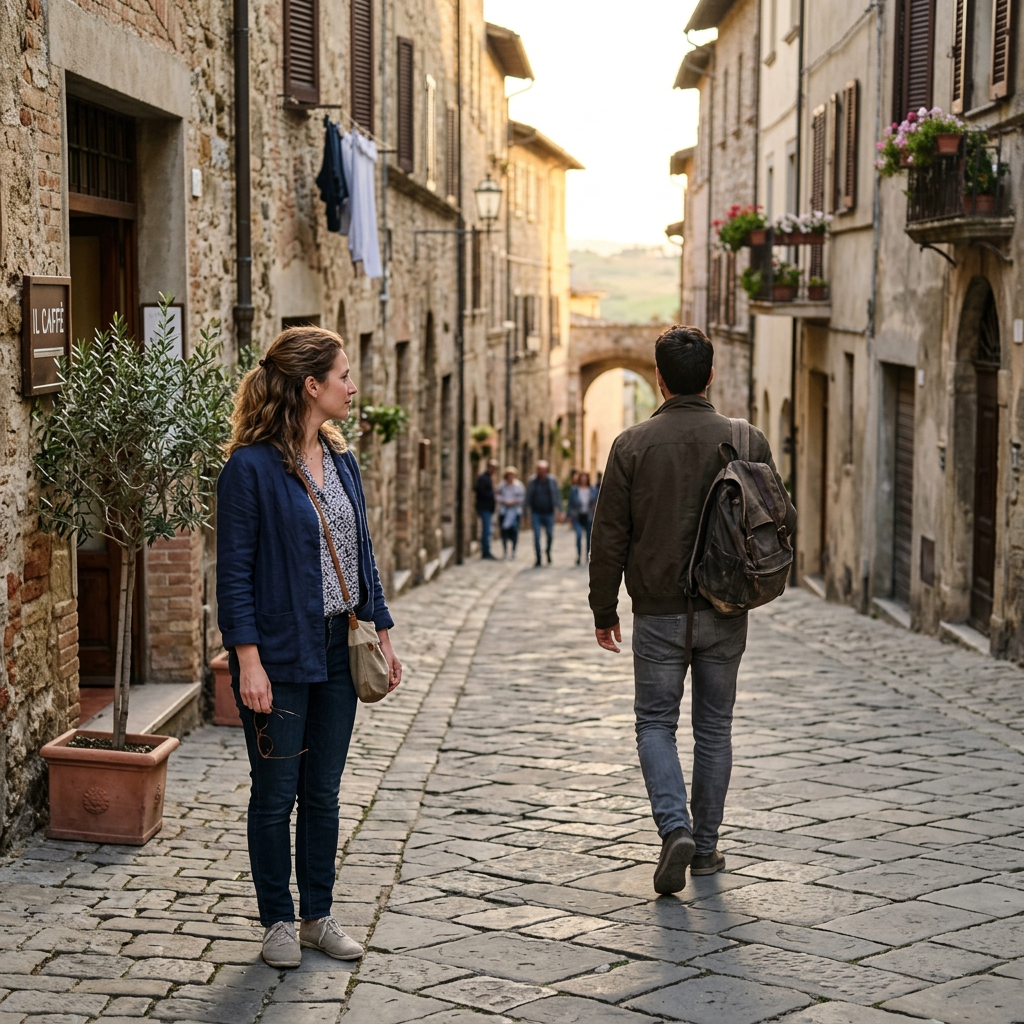 Two travelers on a cobblestone street in a historic Italian village