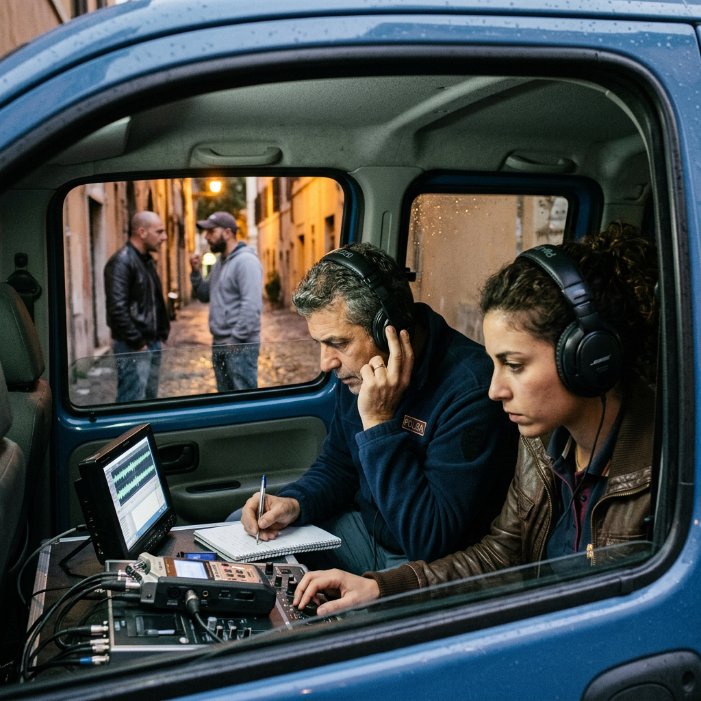 Two audio professionals recording sound inside a van on a city street