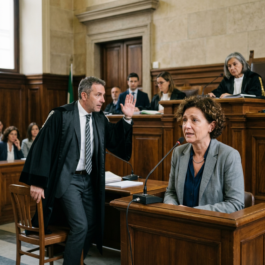 Lawyer addressing court beside a woman testifying at a courtroom microphone