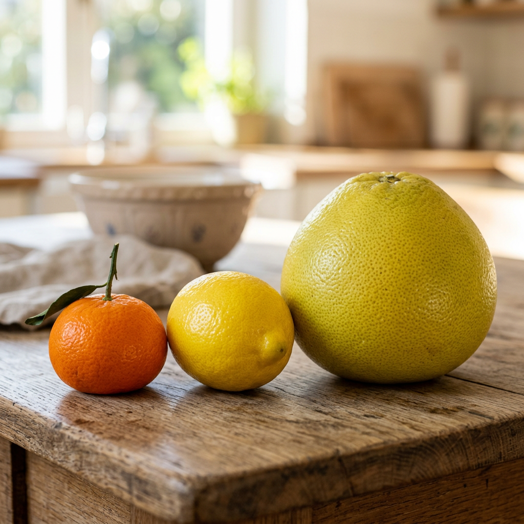 Tangerine, lemon, and pomelo arranged on a wooden table