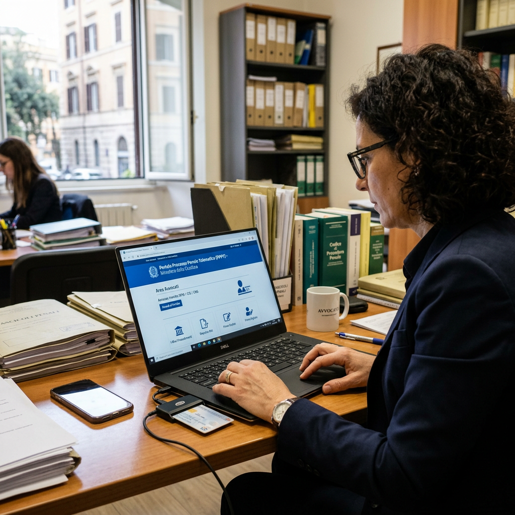 Lawyer using laptop to access Italy’s electronic criminal justice portal
