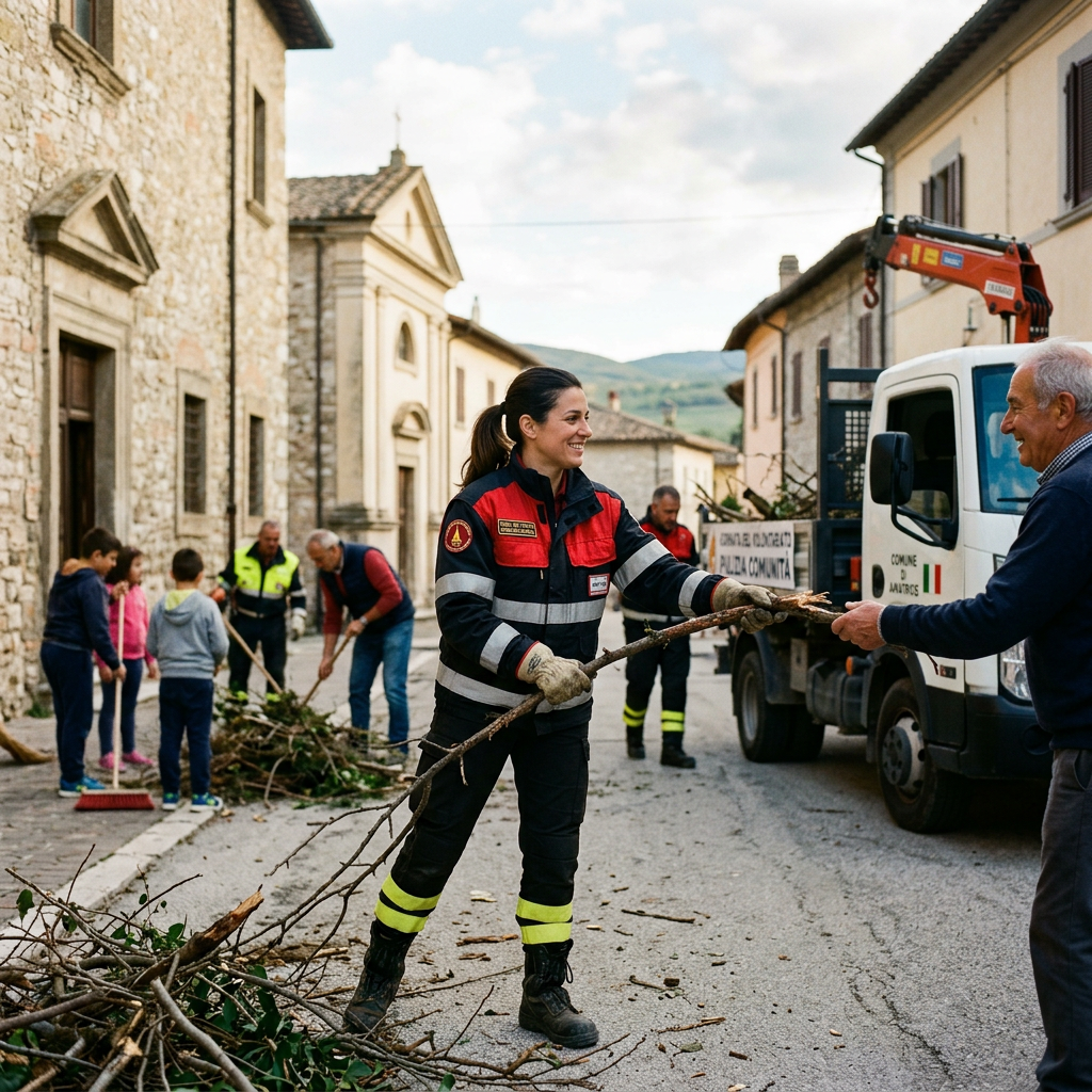 Emergency workers and volunteers clearing fallen branches beside a municipal truck