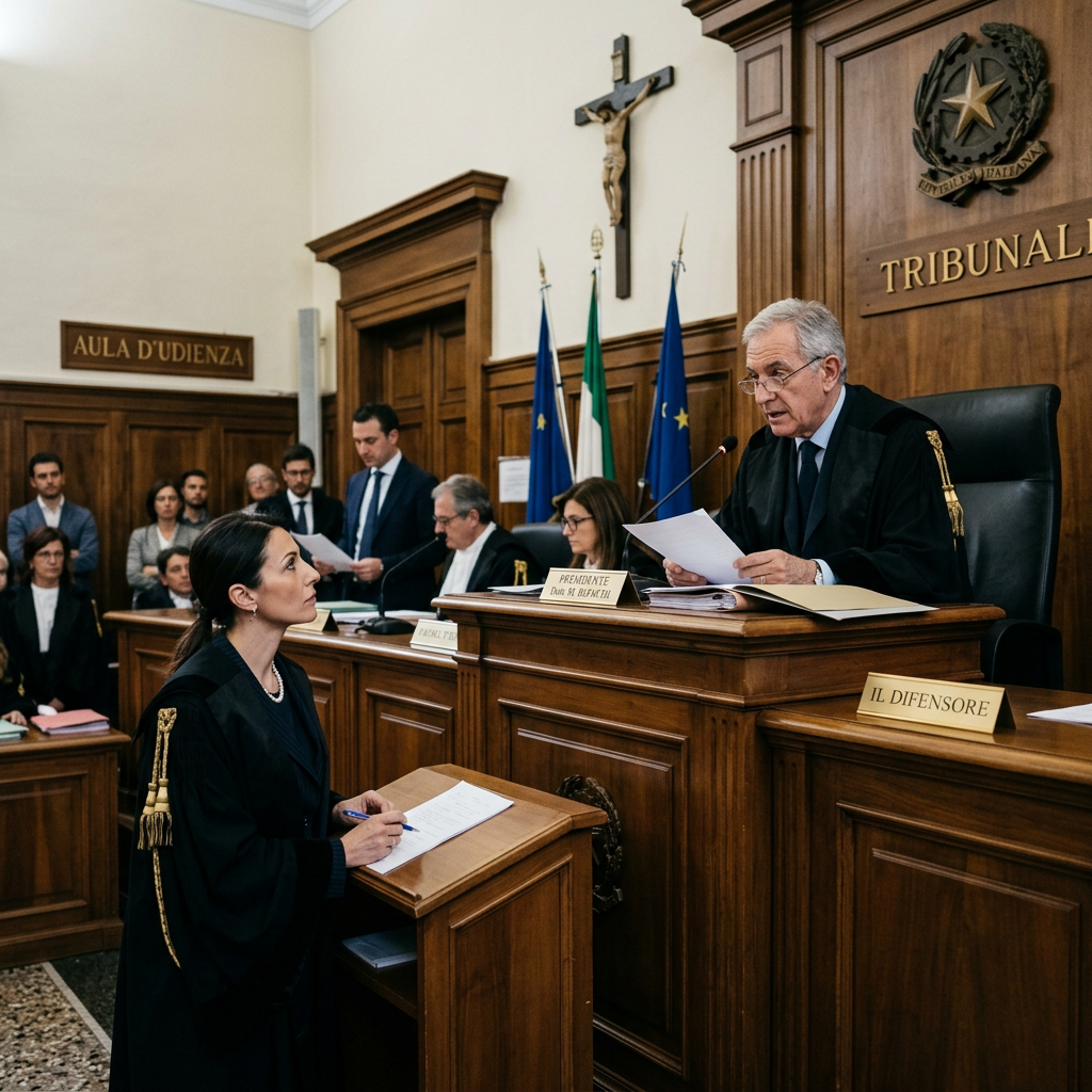 Italian courtroom with judge, attorneys, flags, and signs reading AULA D'UDIENZA, TRIBUNALE, and IL DIFENSORE