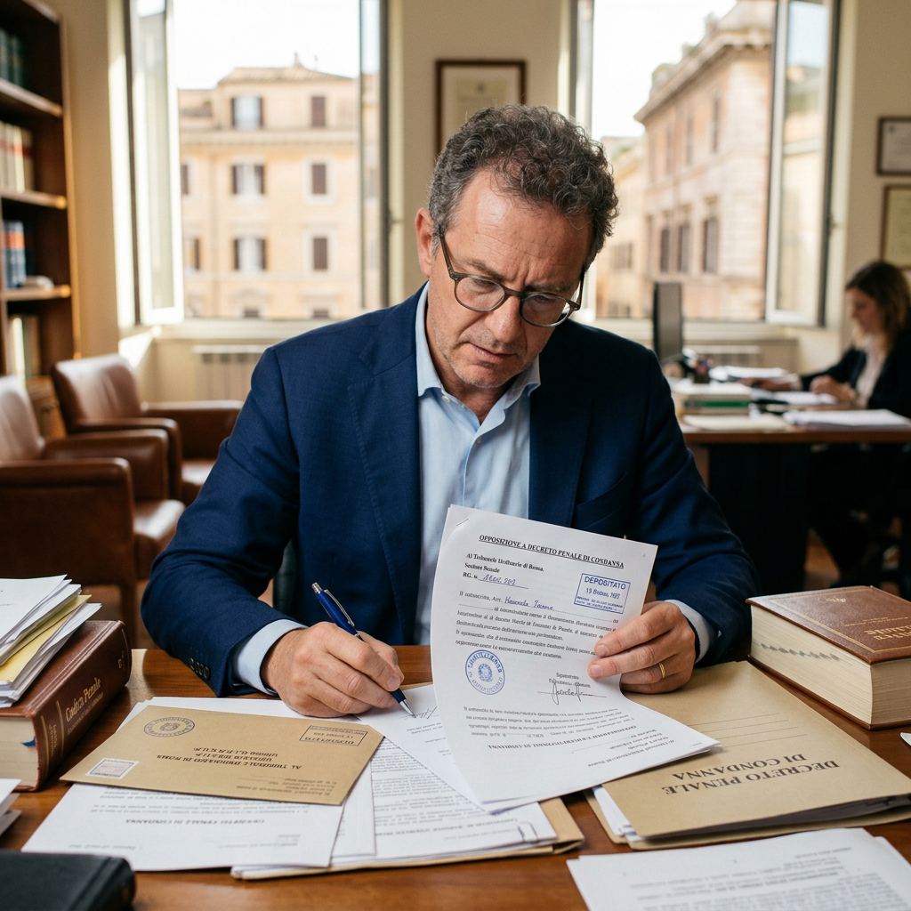 Lawyer reviewing and signing legal documents at a desk
